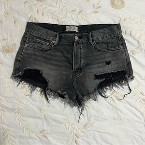We The Free Black/Grey Denim Distressed Low Waisted Shorts, 27